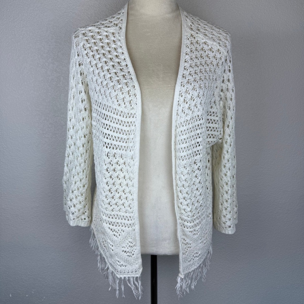 White Crochet Knit Fringe Kimono‎ Cardigan Open Front 3/4 Sleeve Boho Cottage